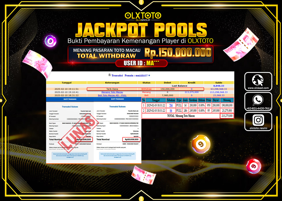 OLXTOTO JACKPOT  TOGEL POOL TOTO MACAU Rp.150.000.000.,- LUNAS