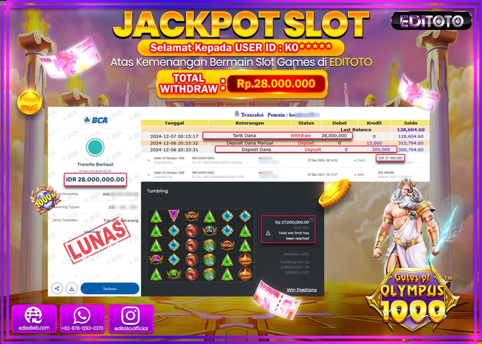 JACKPOT SLOT GATES OF OLYMPUS 1000 Rp.28.000.000.,- LUNAS