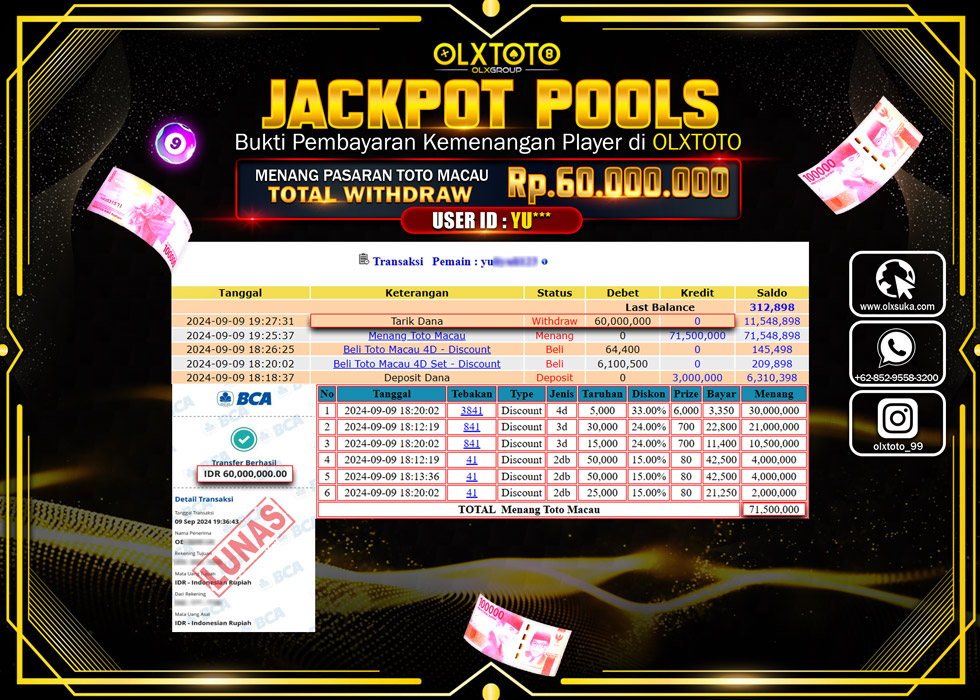 OLXTOTO JACKPOT  TOGEL POOL TOTO MACAU Rp.60.000.000.,- LUNAS