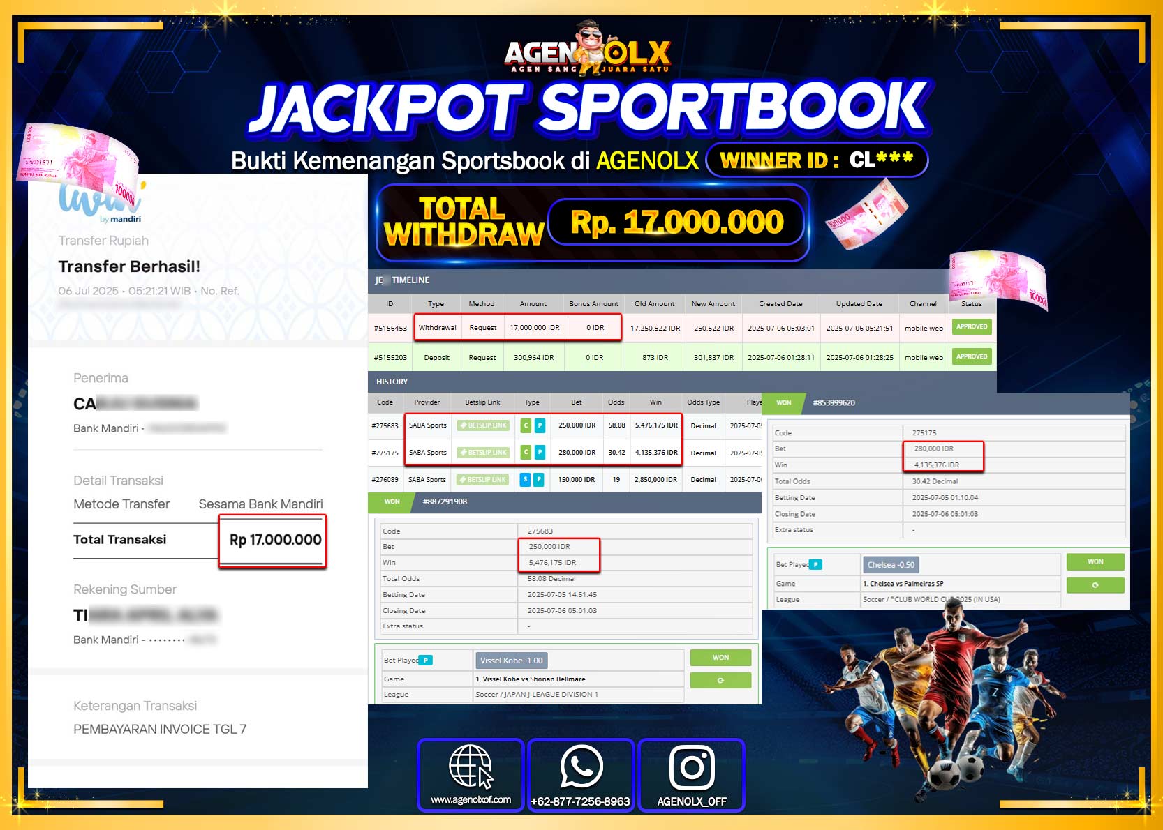 AGENOLX JACKPOT  SPOORTBOK   Rp 17.000.000,- LUNAS