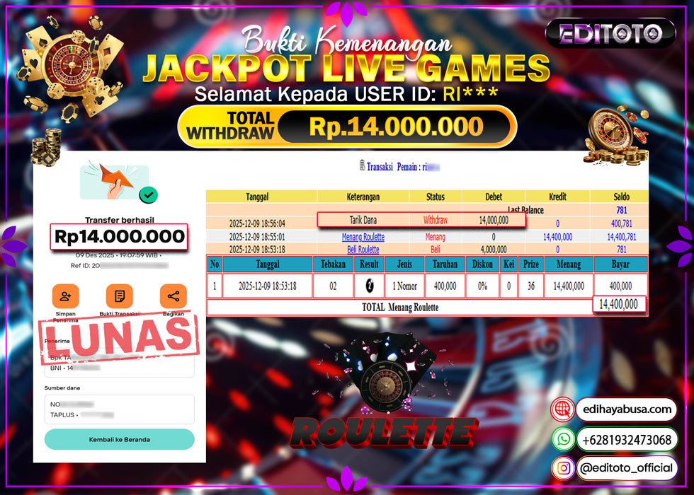 JACKPOT EDITOTO LIVE GAMES ROULETTE Rp. 14.000.000.,- LUNAS