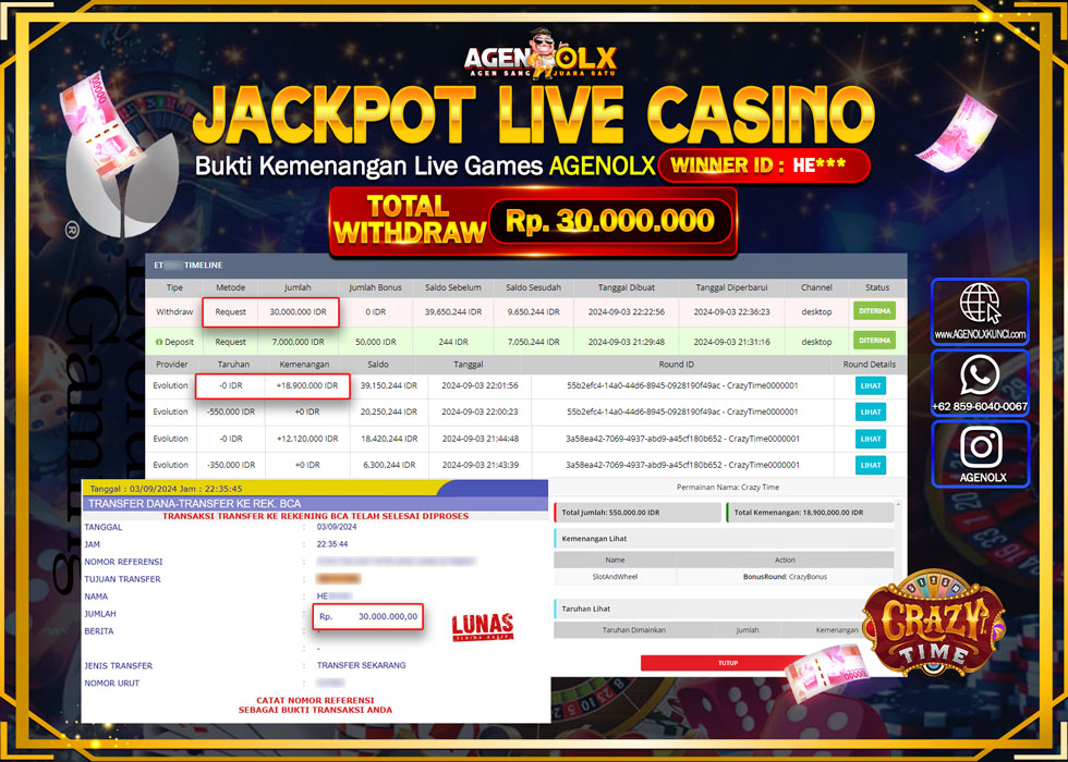 AGENOLX JACKPOT LIVE CASINO CRAZY TIME Rp.30.000.000,- LUNAS