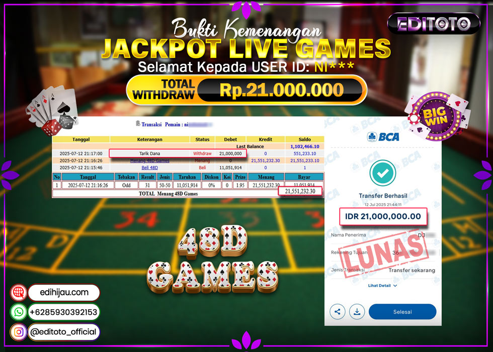 JACKPOT EDITOTO LIVE GAMES 48D GAMES Rp. 21.000.000.,- LUNAS