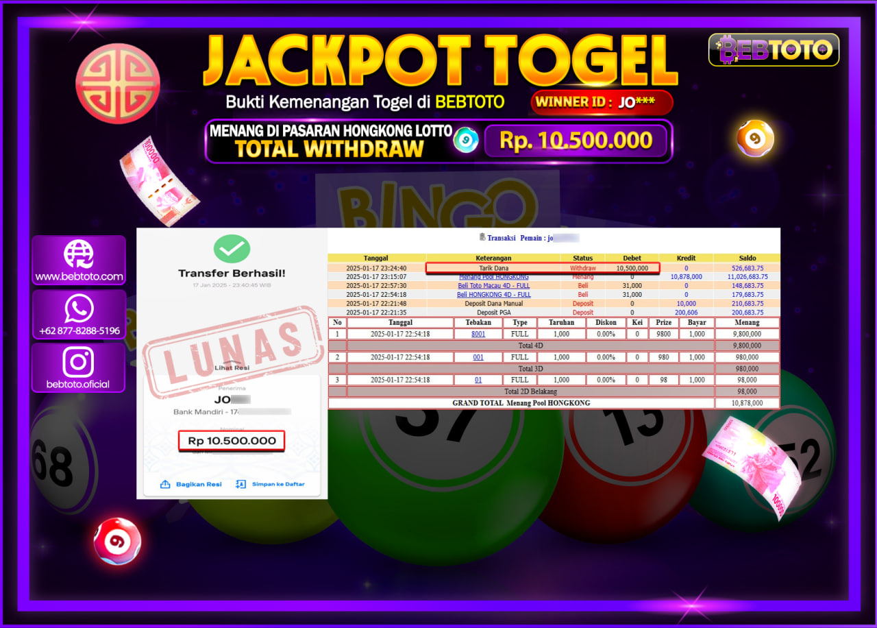 JACKPOT TOGEL BEBTOTO HONGKONG LOTTO Rp.10.500.000.,- LUNAS