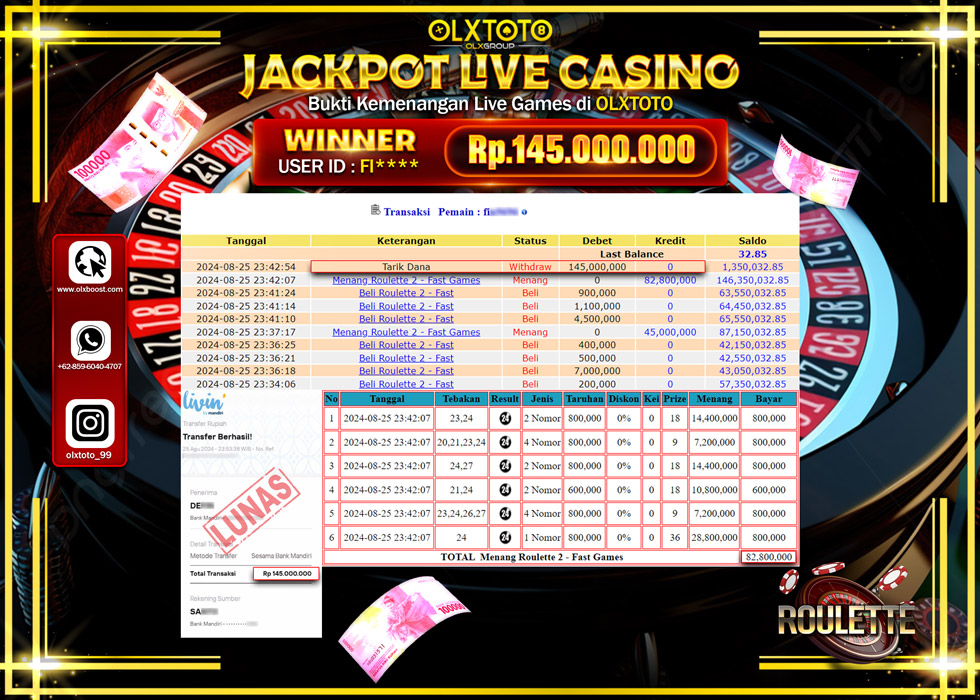 OLXTOTO JACKPOT  LIVE GAMES ROULETTE 2 Rp.145.000.000.,- LUNAS