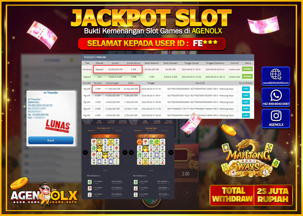 AGENOLX JACKPOT SLOT MAHJONG WAYS Rp.25.000.000,- LUNAS