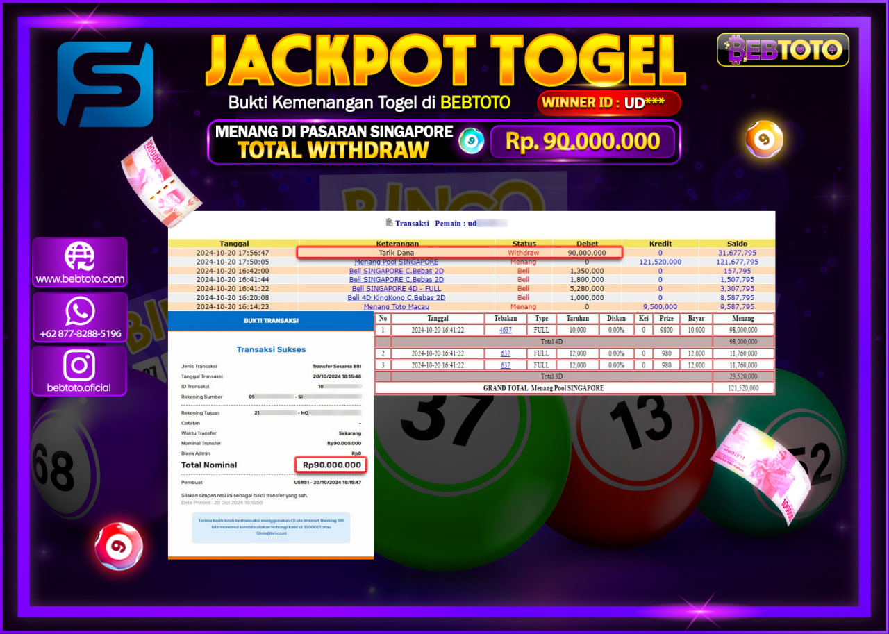 JACKPOT TOGEL BEBTOTO SINGAPORE Rp.90.000.000.,- LUNAS