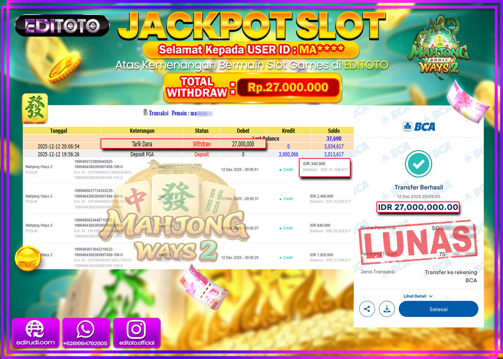 JACKPOT EDITOTO SLOT MAHJONG WAYS 2  Rp.27.000.000,- LUNAS