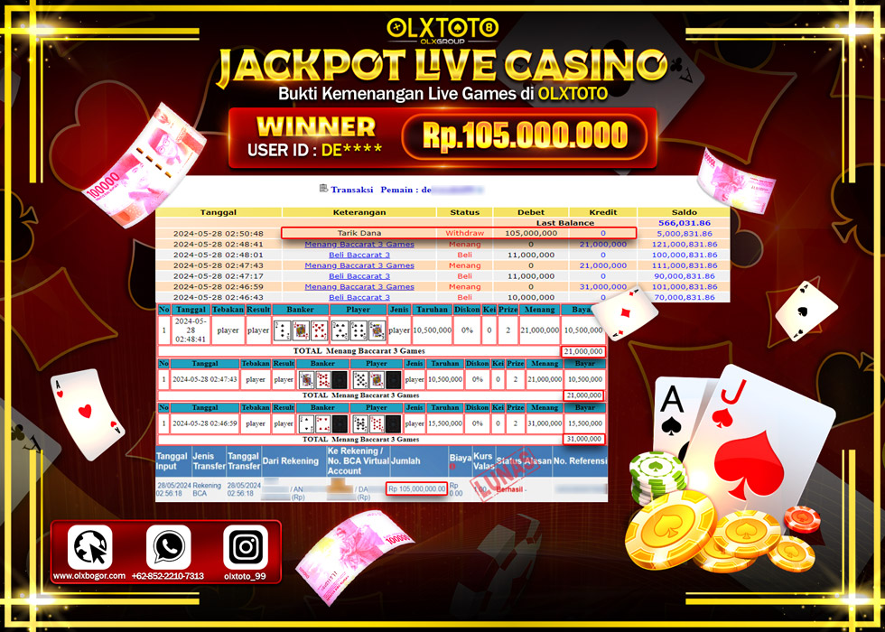 OLXTOTO JACKPOT LIVE GAMES BACCARAT 3  Rp.105.000.000.,- LUNAS