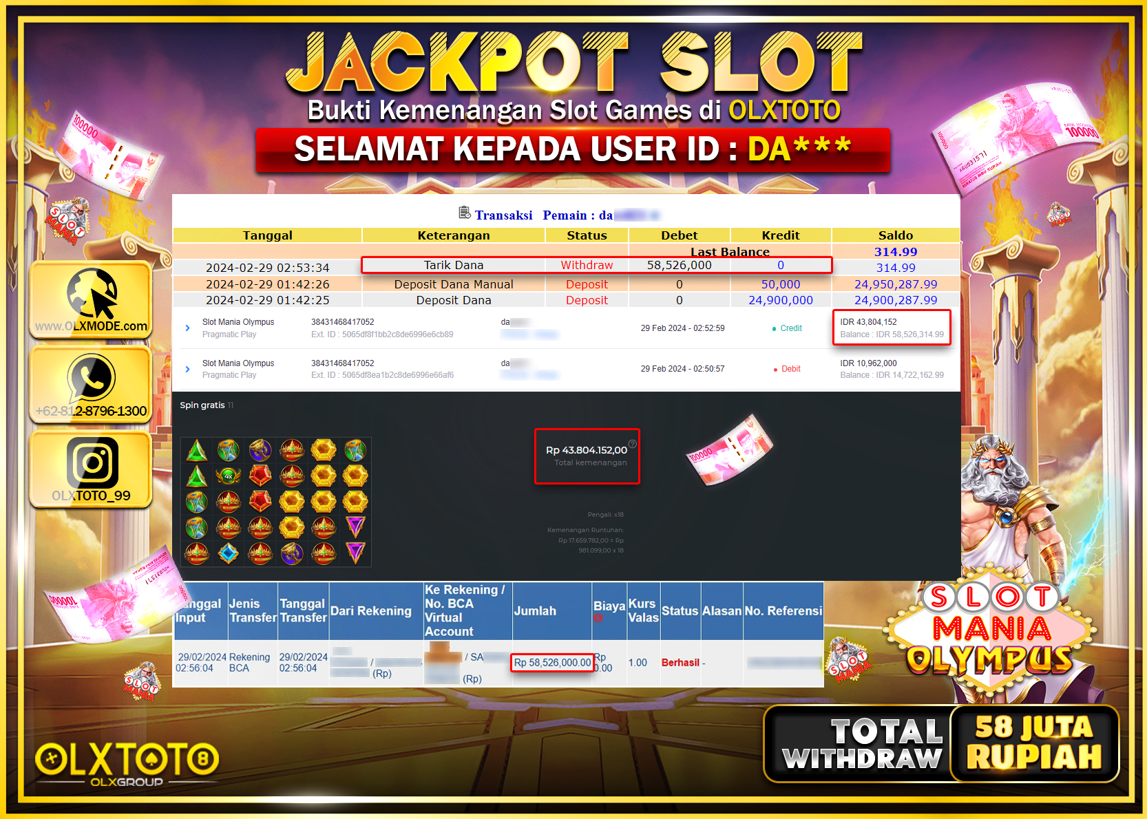 OLXTOTO JACKPOT SLOT MANIA OLYMPUS Rp.58.000.000.,- LUNAS