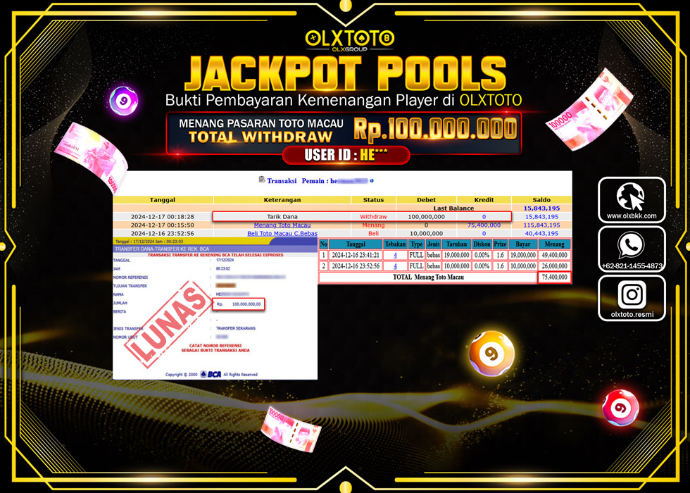 OLXTOTO JACKPOT  TOGEL POOL TOTO MACAU Rp.100.000.000.,- LUNAS