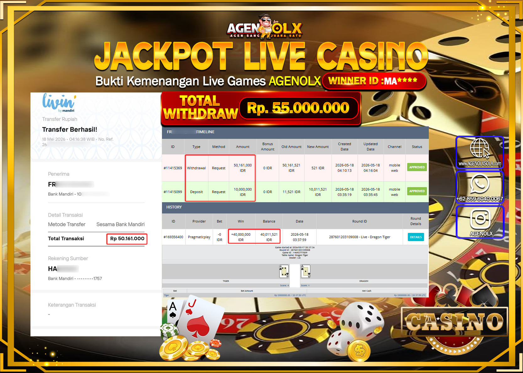 AGENOLX JACKPOT LIVE CASINO DRAGON TIGER  Rp 50.161.000 - LUNAS