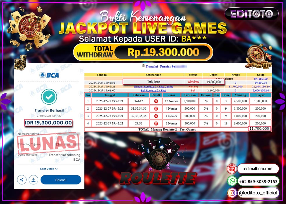 JACKPOT EDITOTO LIVE GAMES ROULETTE 2 Rp. 19.300.000.,- LUNAS
