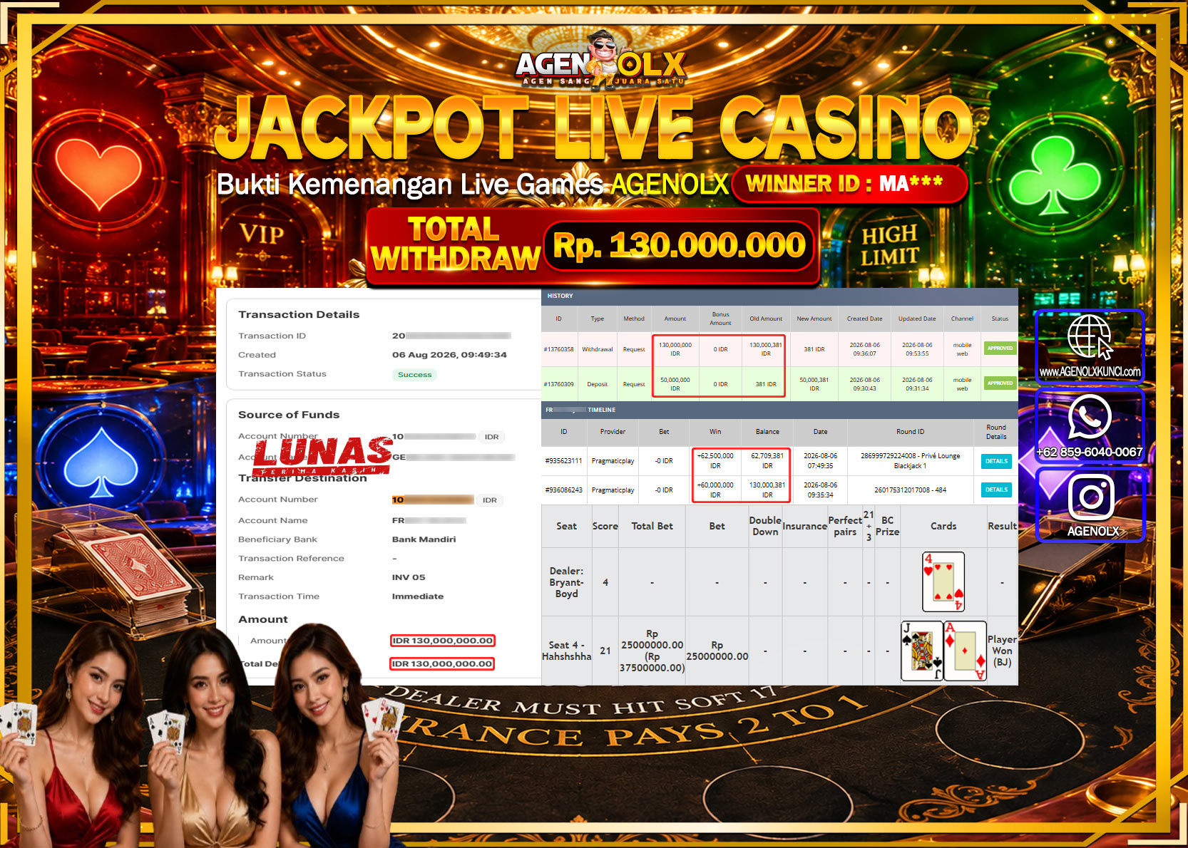 AGENOLX JACKPOT LIVE CASSINO PRIVATE LOUNGE BLACKJACK 1  Rp  130.000.000 -LUNAS