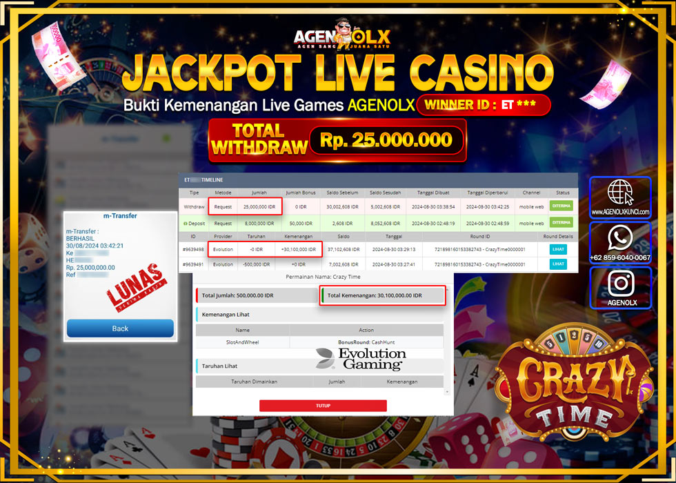 AGENOLX JACKPOT LIVE CASINO CRAZY TIME Rp.25.000.000,- LUNAS