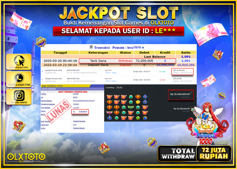 OLXTOTO JACKPOT STARLIGHT PRINCESS 1000 Rp.72.000.000.,- LUNAS