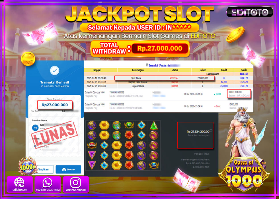 JACKPOT EDITOTO SLOT GATES OF OLYMPUS 1000 Rp.27.000.000,- LUNAS 