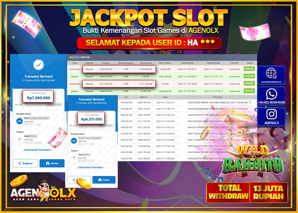 AGENOLX JACKPOT  SLOT WILD BANDITO   Rp13.000.000,- LUNAS