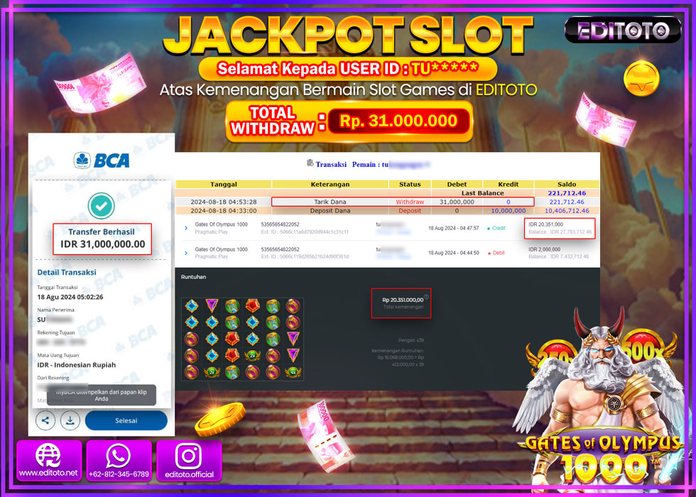 JACKPOT SLOT GATES OF OLYMPUS 1000 Rp.31.000.000.,- LUNAS