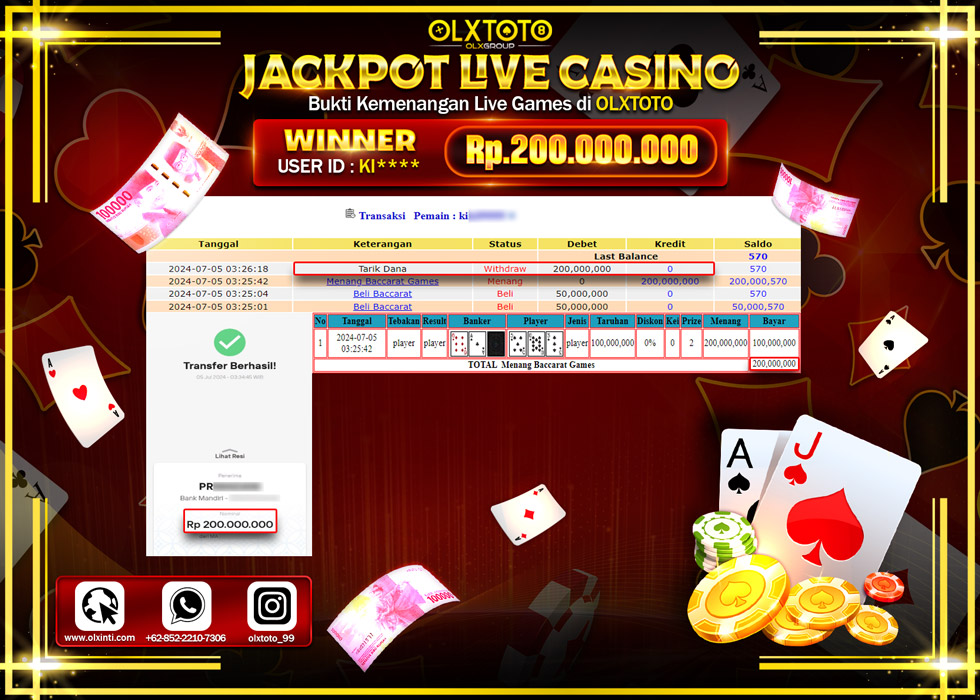 OLXTOTO JACKPOT  LIVE GAME BACCARAT   Rp.200.000.000.,- LUNAS