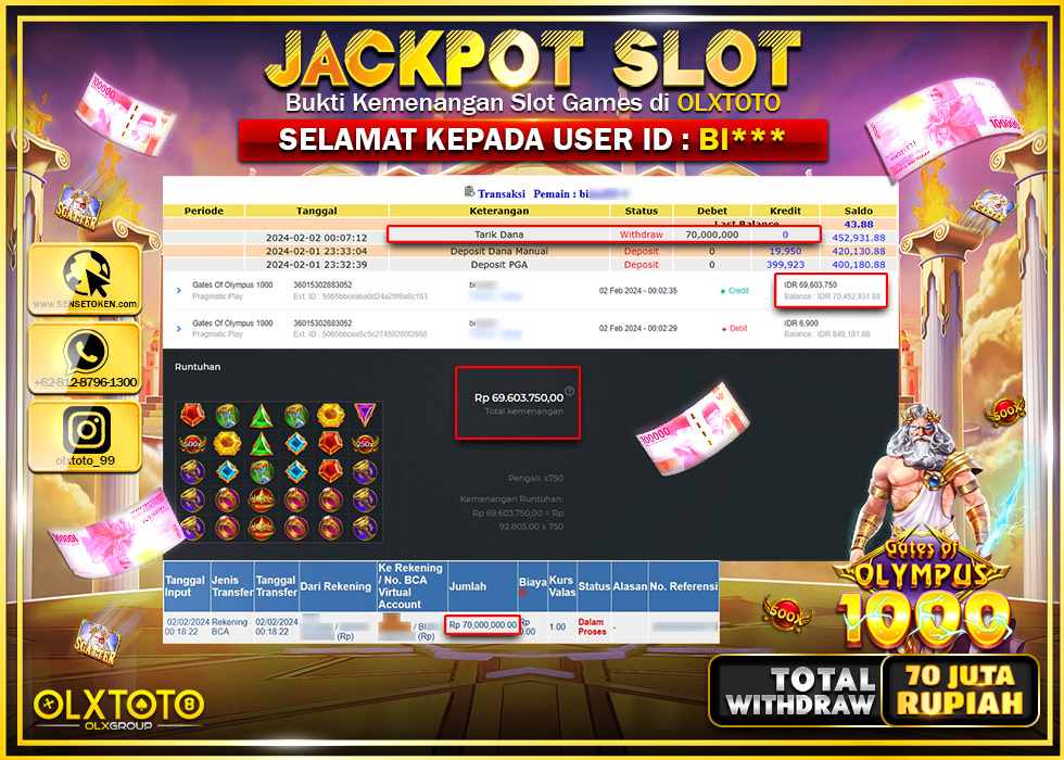 OLXTOTO JACKPOT SLOT GATES OF OLYMPUS 1000 Rp.70.000.000.,- LUNAS