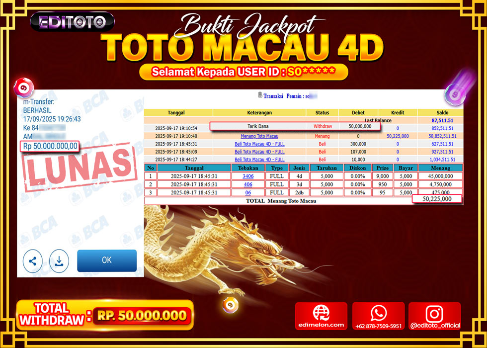 JACKPOT EDITOTO TOGEL PASARAN TOTO MACAU 4D Rp.50.000.000.,- LUNAS