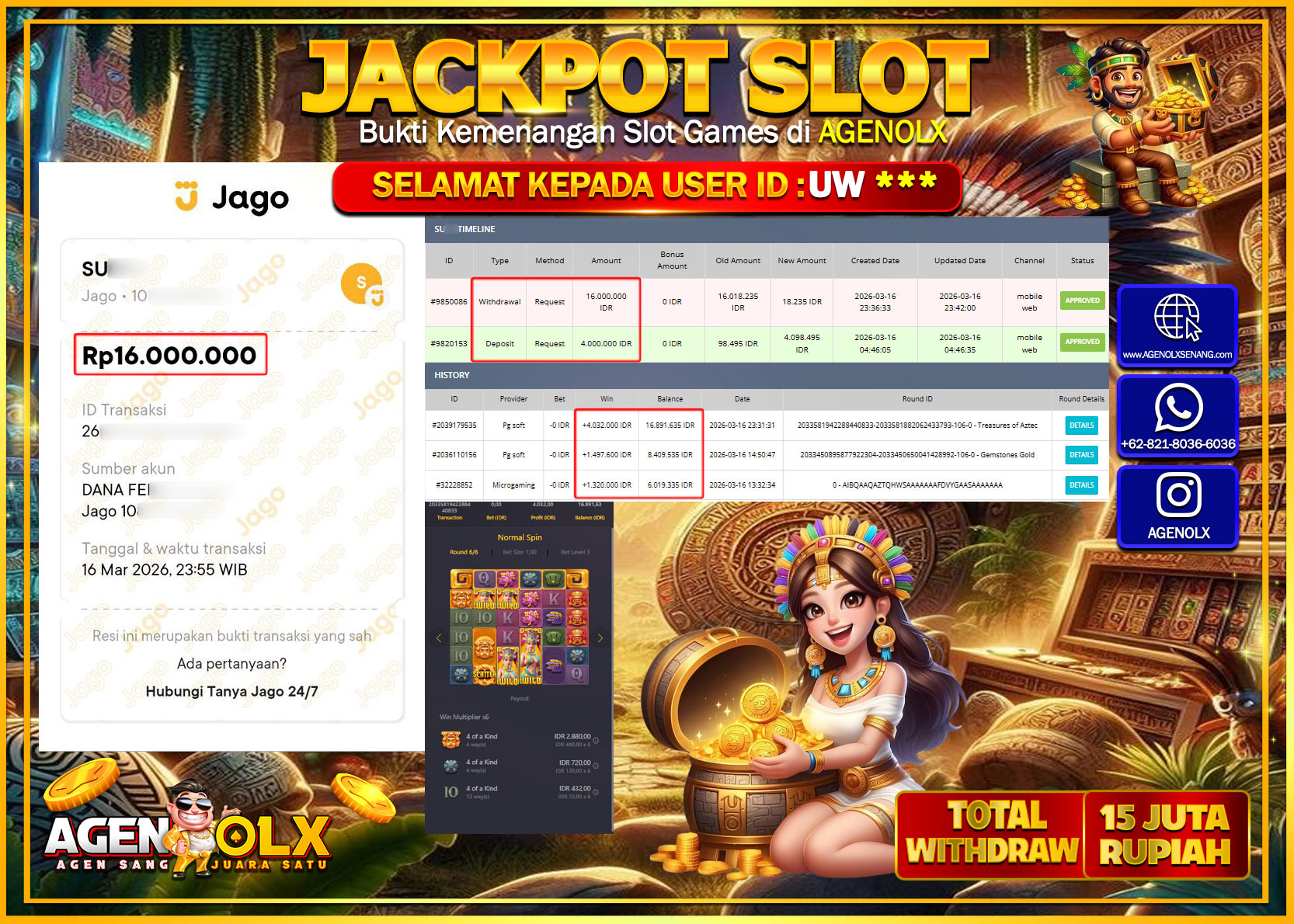 AGENOLX JACKPOT SLOT TREASURES OF AZTEC Rp 16.000.000 - LUNAS