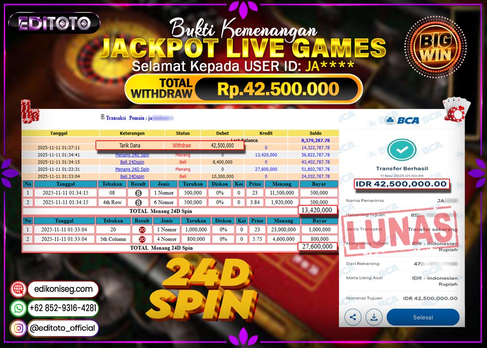 JACKPOT EDITOTO LIVE GAMES 24D SPIN Rp. 42.500.000.,- LUNAS