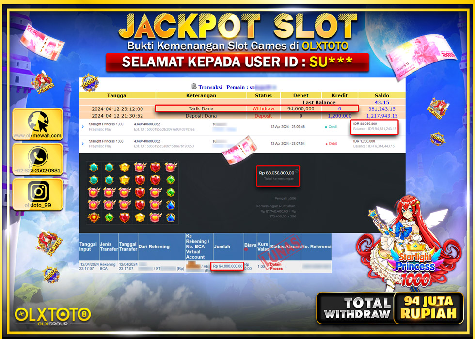 OLXTOTO JACKPOT SLOT STARLIGHT PRINCESS 1000 Rp.94.000.000.,- LUNAS