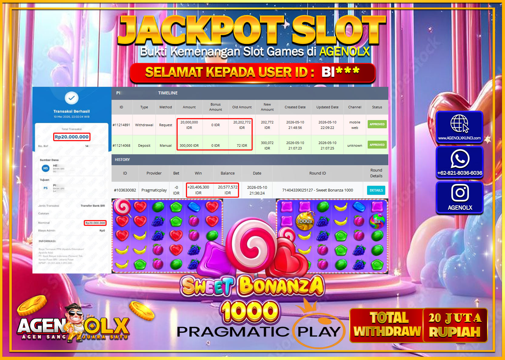 AGENOLX JACKPOT SLOT SWEET BONANZA 1000 Rp 20.000.000 - LUNAS
