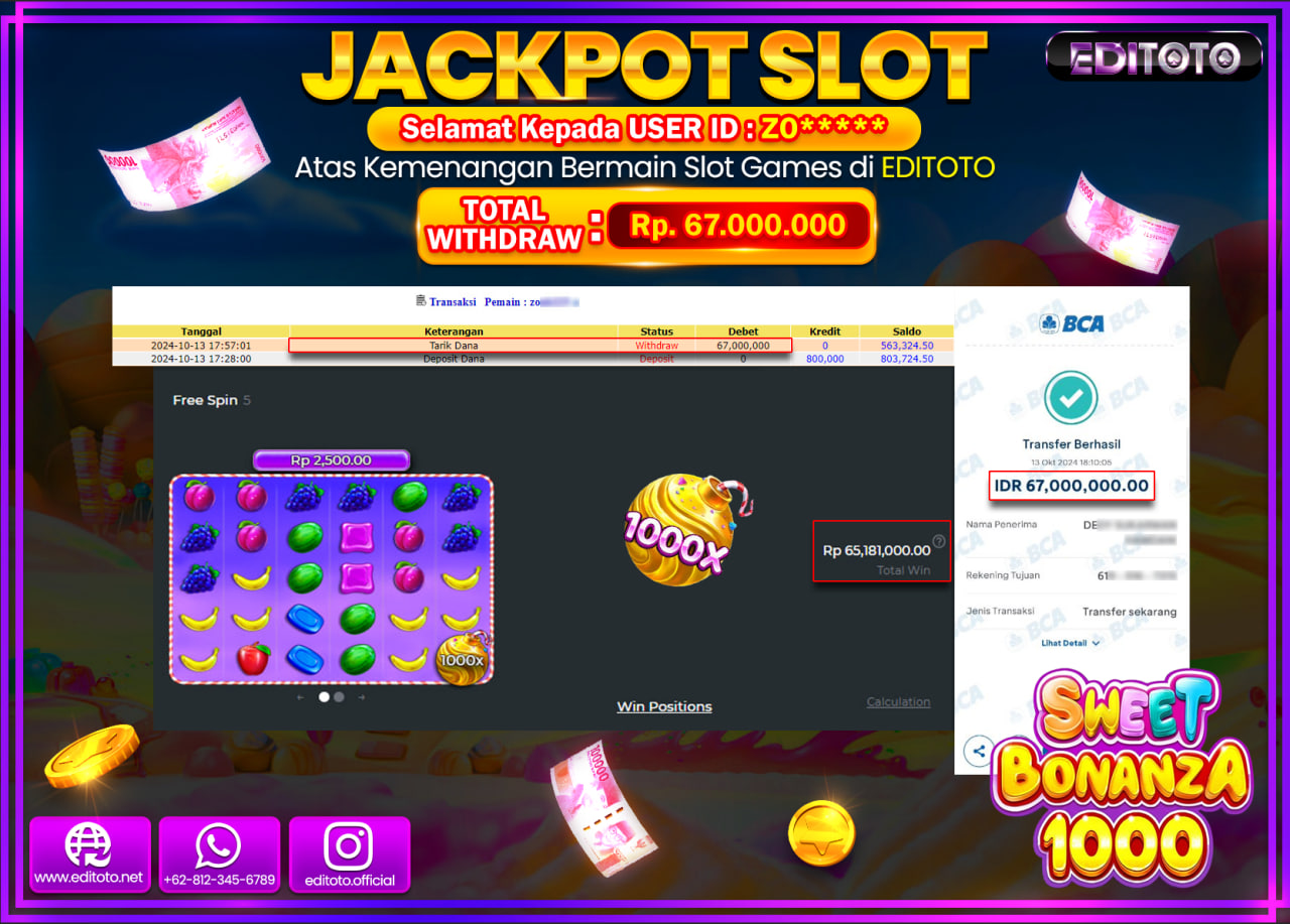 JACKPOT SLOT Sweet Bonanza 1000 Rp.67.000.000.,- LUNAS