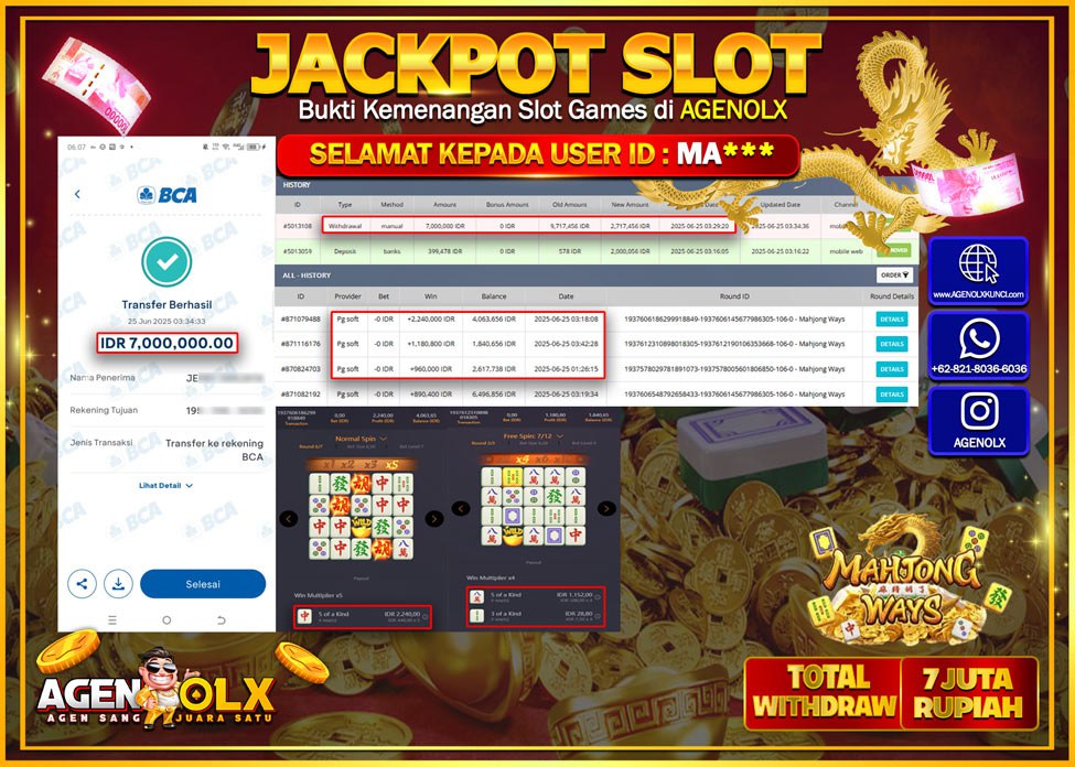 AGENOLX JACKPOT  SLOT MAHJONG WAYS Rp 7.000.000,- LUNAS
