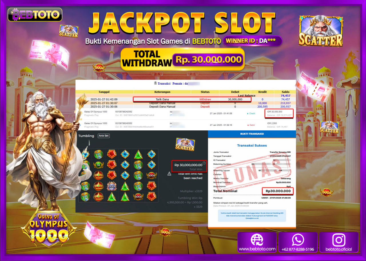JACKPOT SLOT BEBTOTO GATES OF OLYMPUS 1000 Rp.30.000.000.,- LUNAS