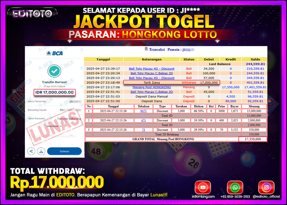JACKPOT EDITOTO TOGEL PASARAN HONGKONG LOTTO Rp.17.000.000.,- LUNAS