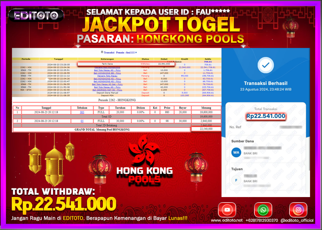 JACKPOT TOGEL PASARAN HONGKONG Rp.22.541.000.,- LUNAS