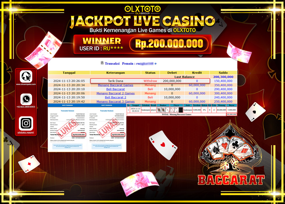 OLXTOTO JACKPOT  LIVE GAMES BACCARAT 2 Rp.200.000.000.,- LUNAS