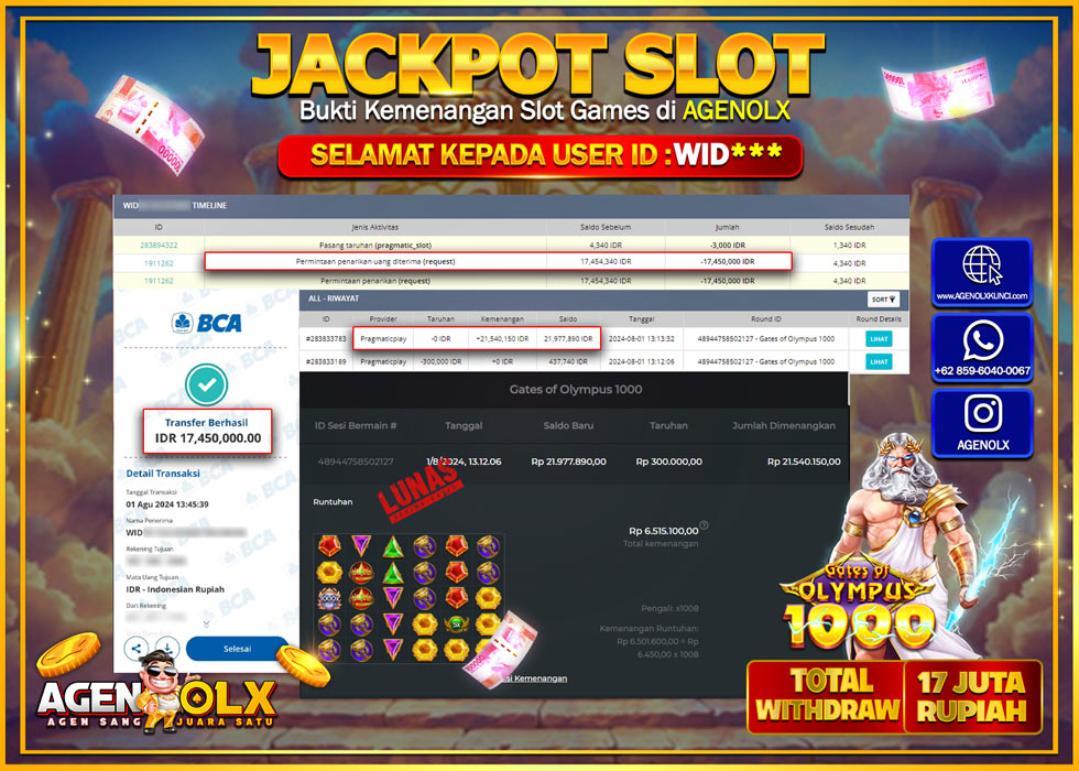 AGENOLX JACKPOT SLOT GATES OF OLYMPUS 1000 Rp.17.450.000,- LUNAS
