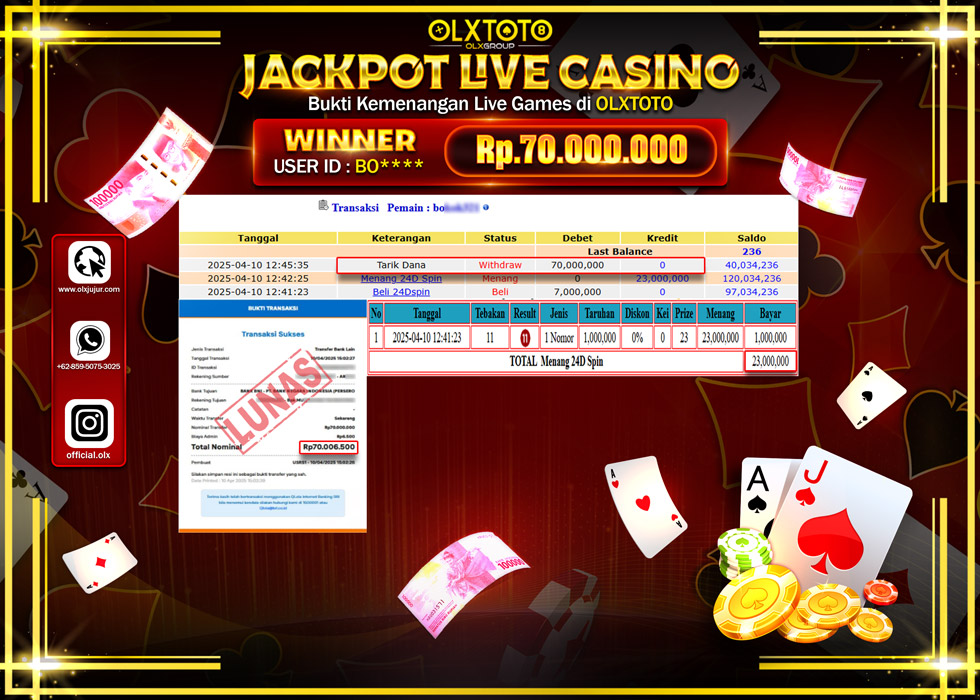 BINTANGSLOT77 JACKPOT  LIVE GAMES 24D SPIN Rp.70.000.000.,- LUNAS