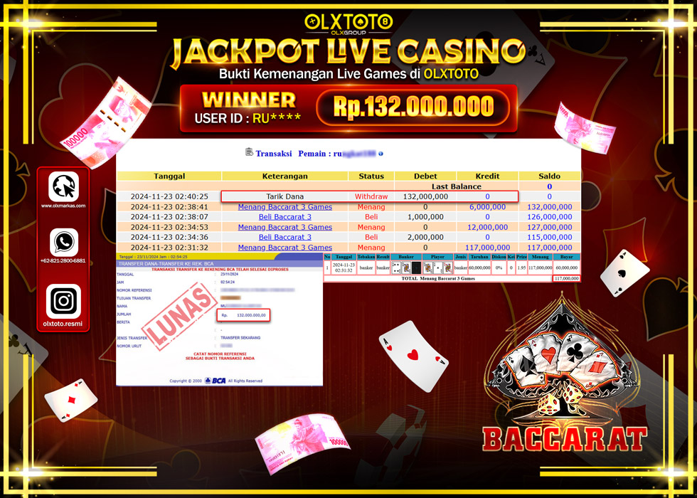 OLXTOTO JACKPOT  LIVE GAMES BACCARAT 3 Rp.132.000.000.,- LUNAS