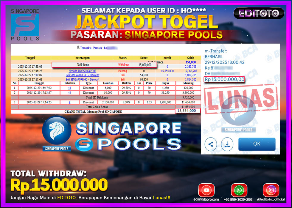 JACKPOT EDITOTO TOGEL PASARAN SINGAPORE POOLS Rp.15.000.000.,- LUNAS 