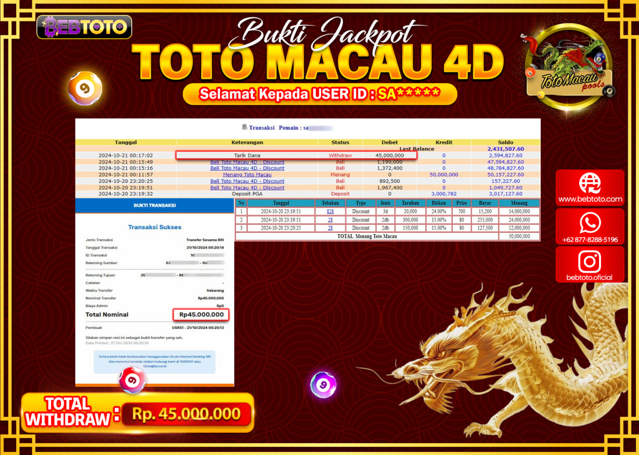 JACKPOT LIVE CASINO BEBTOTO TOTO MACAU Rp.45.000.000.,- LUNAS