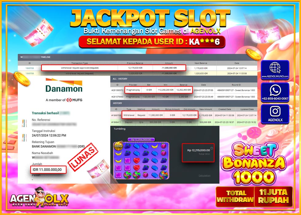 AGENOLX JACKPOT SLOT SWEET BONANZA 1000 Rp.11.000.000,- LUNAS