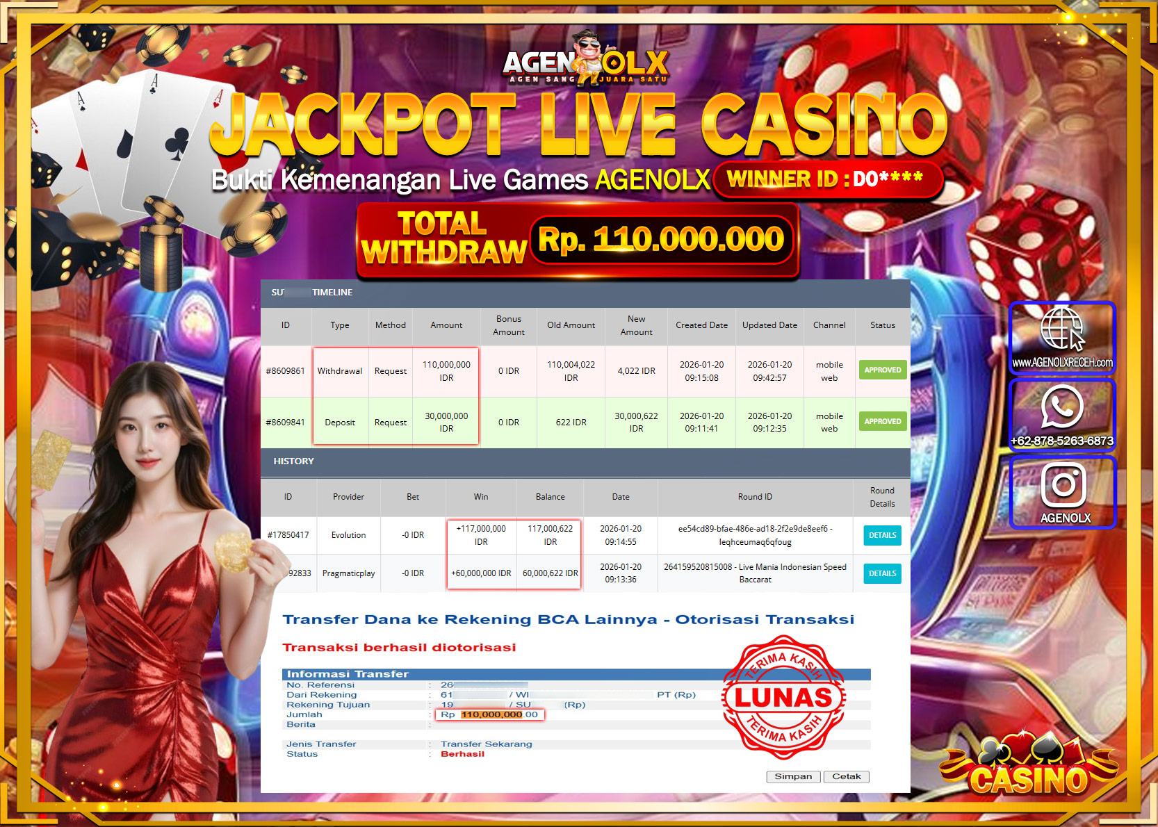 AGENOLX JACKPOT LIVE CASINO EVOLUTION Rp 110.000.000 - LUNAS