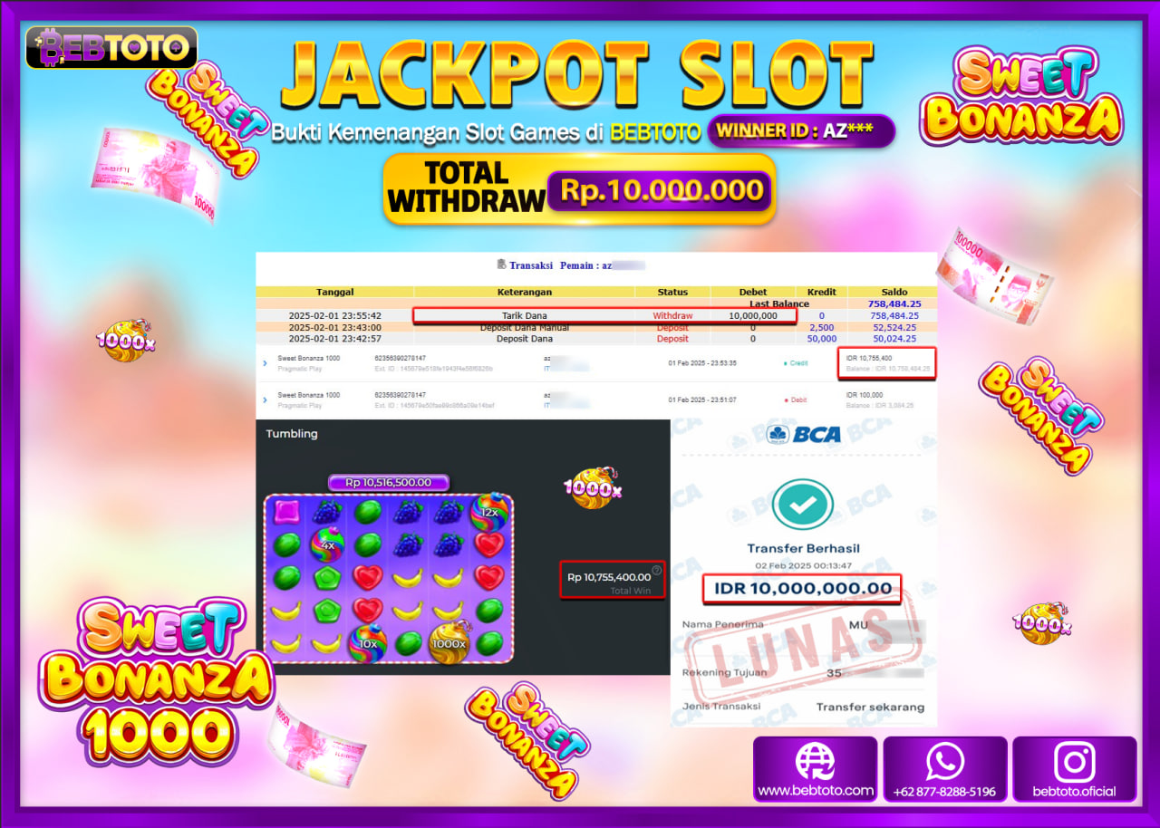 JACKPOT SLOT BEBTOTO SWEET BONANZA 1000 Rp.10.000.000.,- LUNAS