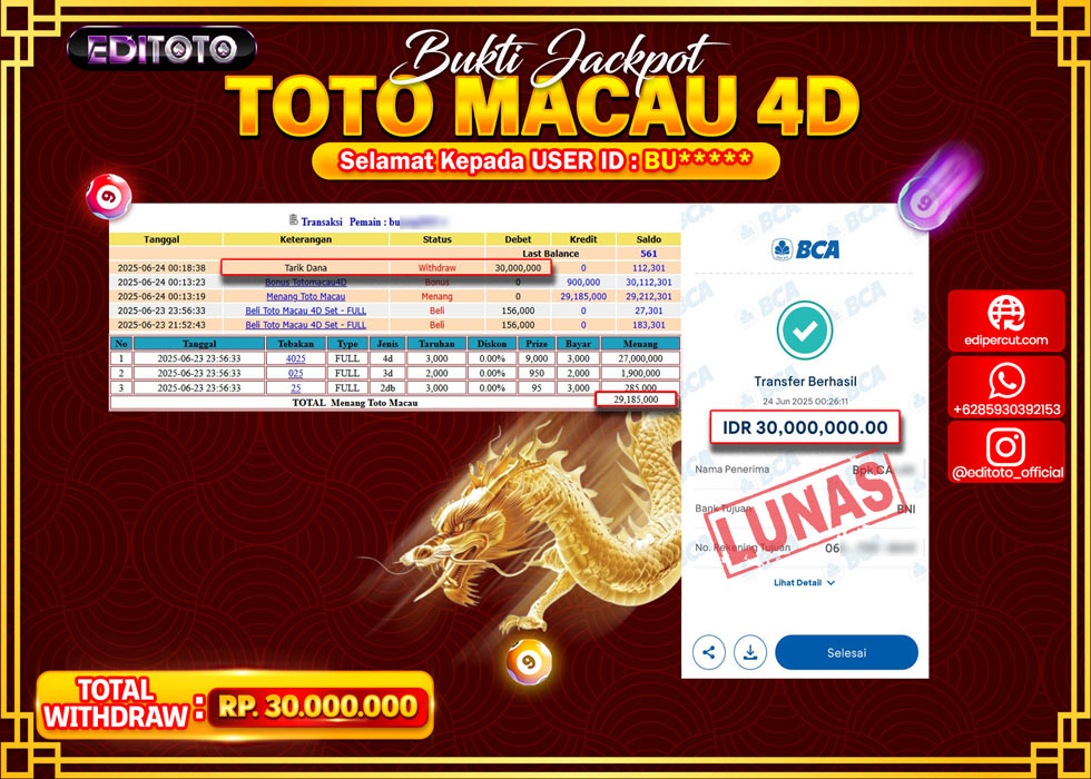 JACKPOT EDITOTO TOGEL PASARAN TOTO MACAU 4D Rp.30.000.000.,- LUNAS