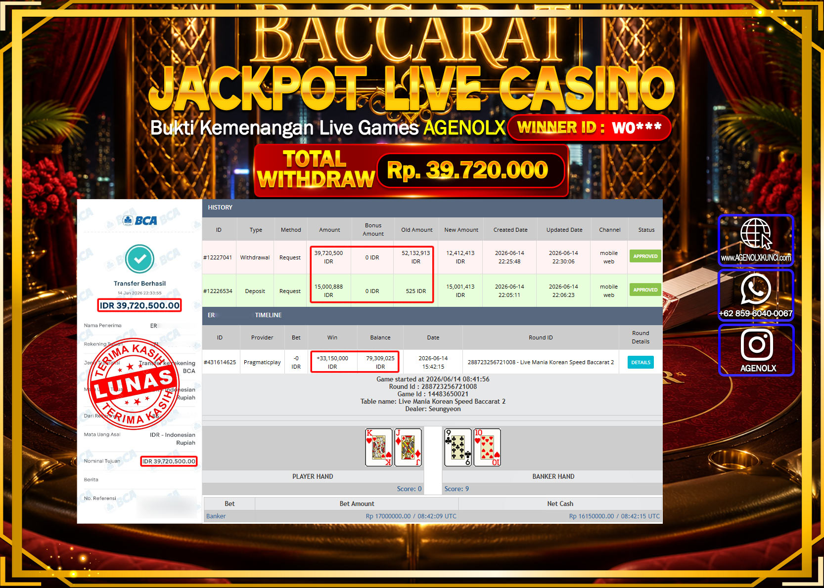 AGENOLX JACKPOT LIVE CASINO LIVE MANIA KOREAN SPEED BACCARAT 2 Rp 39.720.000 - LUNAS