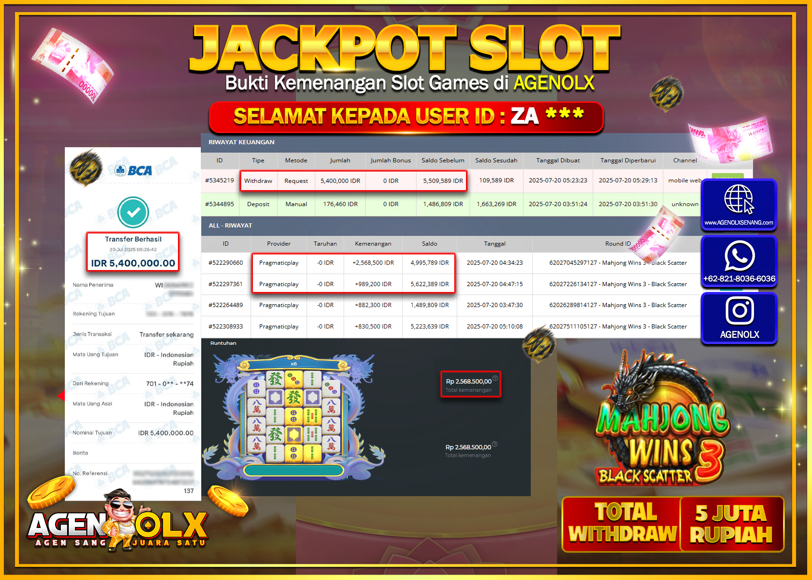 AGENOLX JACKPOT  SLOT MAHJONG WINS 3 BLACK SCATTER Rp 5.400.000,- LUNAS