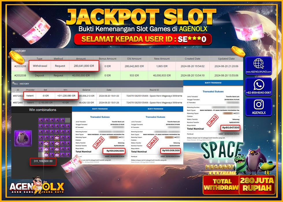 AGENOLX JACKPOT SLOT SPACE WARS MEGAWAYS XXXTREME Rp.280.000.000,- LUNAS