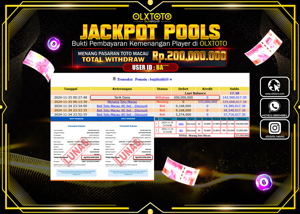OLXTOTO JACKPOT  TOGEL POOL TOTO MACAU Rp.200.000.000.,- LUNAS
