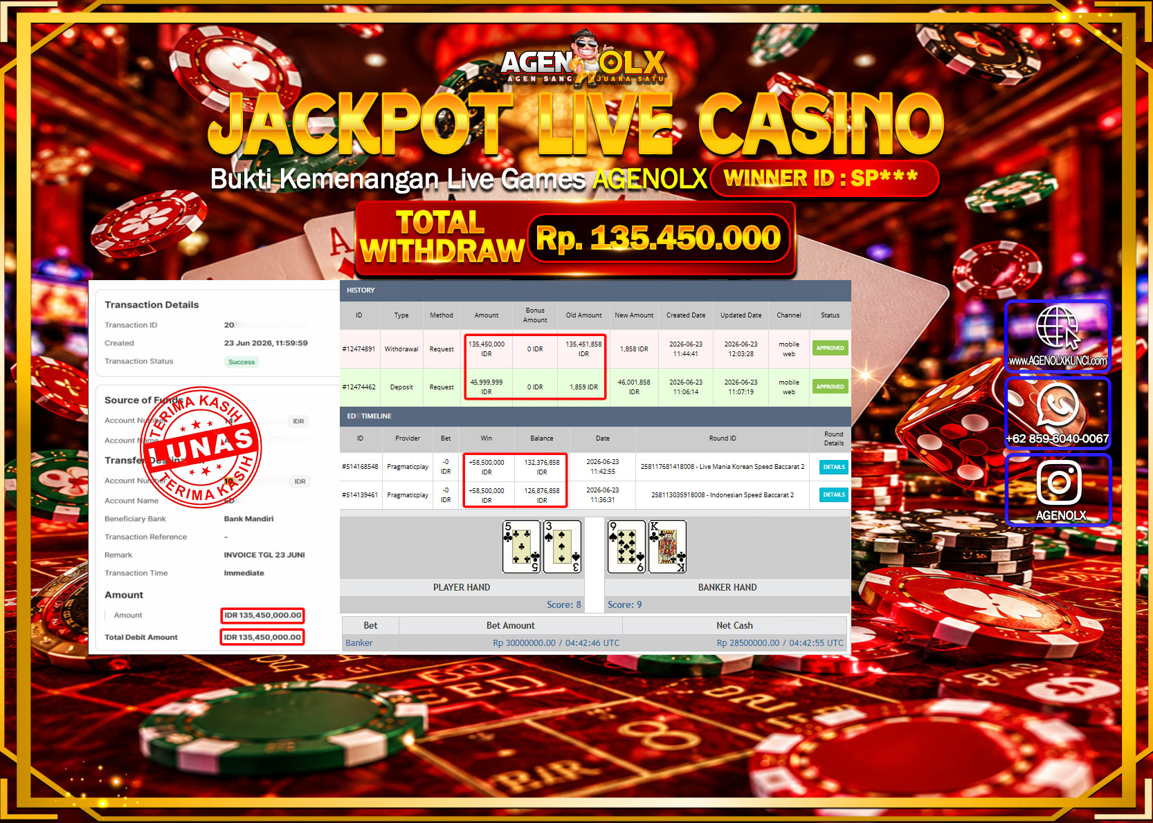AGENOLX JACKPOT LIVE CASINO LIVE MANIA KOREAN SPEED BACCARAT 2 Rp 135.450.000  - LUNAS